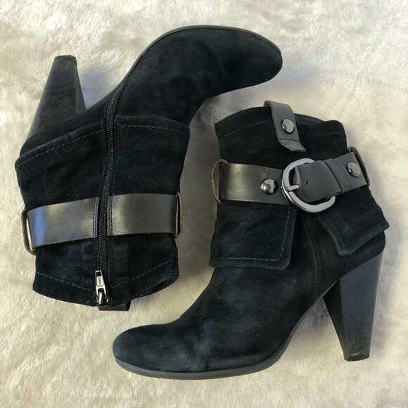 Black Suede Heeled Booties With Brown Strap and Buckle Size 37 (US 7) - Picture 7 of 13